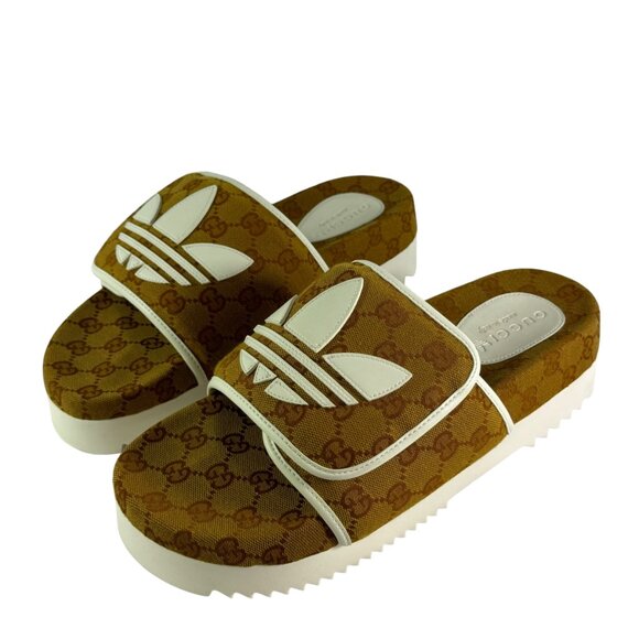GUCCI X ADIDAS 3518968J 8126 Brown Canvas GG Supreme Men's Slides 8 - 8.5US - Picture 3 of 13